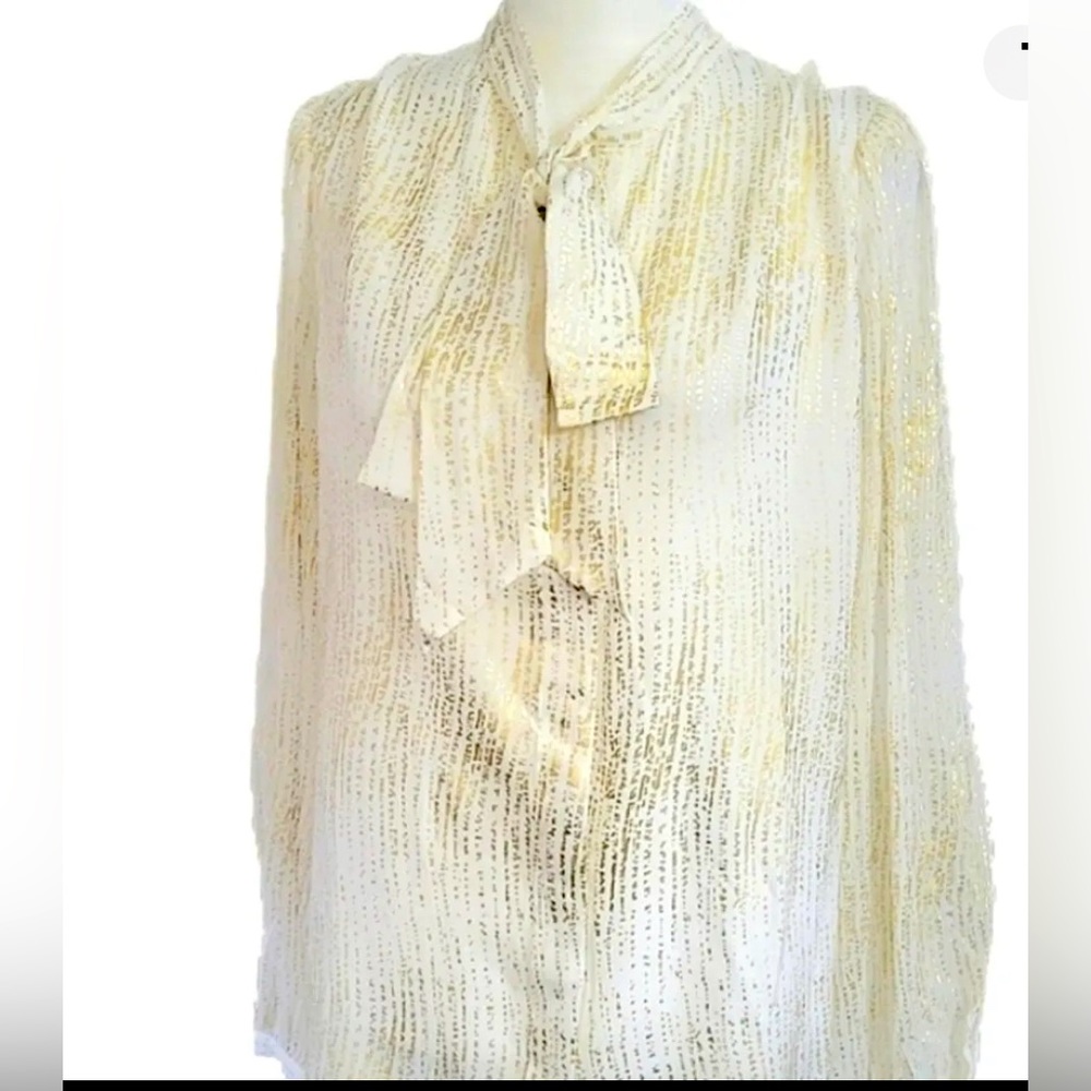 NWT 7 For All Mankind Tie Neck Silk Blouse Silver And Gold Color  Size S - Picture 2 of 8